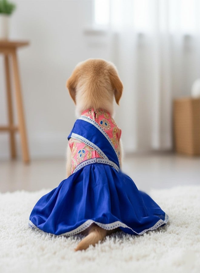 Lulala Traditional Indian Dog Dress for Festivals & Weddings | Sari-Style Ethnic Outfit for Dogs | Orange & Blue Designer Pet Costume with Golden Border for Small to Large Breeds - Image 2